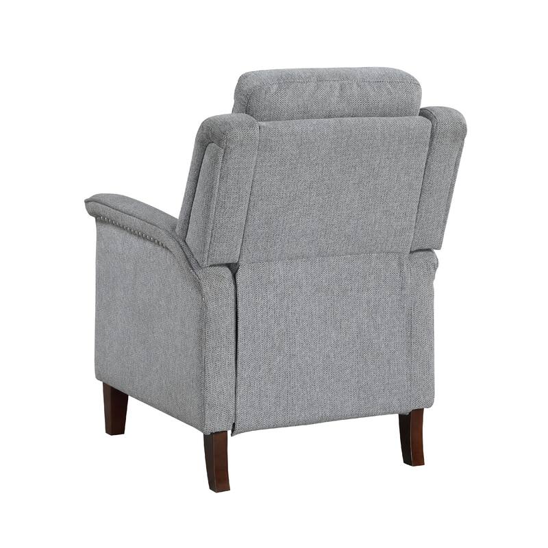 Push Back Recliner Chair, Gray Chenille, Nailhead Trim, Dark Brown