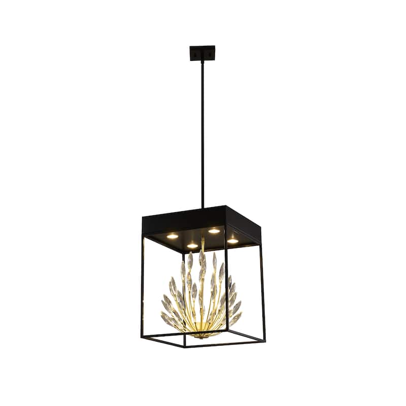 4-Light Matte Black Pendant With Gold Branches And Clear Crystals