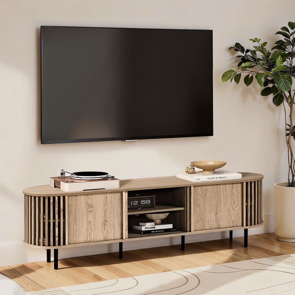Light Oak Finish Engineered Wood 2-Door and Open Storage TV Console - 70.87" W