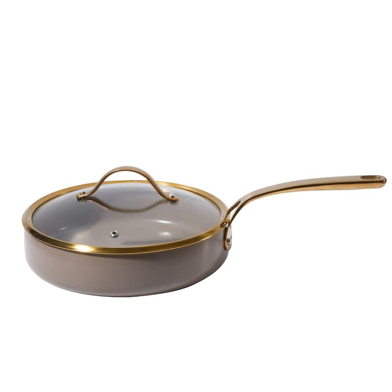 Bloomhouse Pots and Pans Heavy Duty Aluminum Premium PFA Free Ceramic Nonstick - Cappucino Cream with Gold Handle