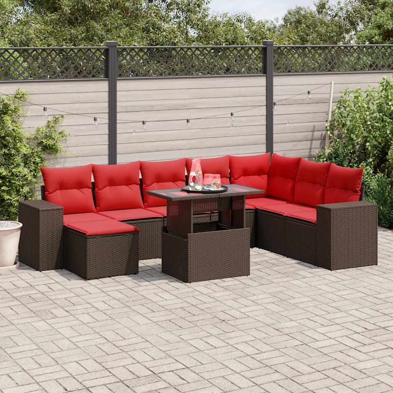 vidaXL Patio Sofa Set with Cushions Table and Couches 9 Piece Poly Rattan - 24.4" x 24.4" x 27.2" - Brown