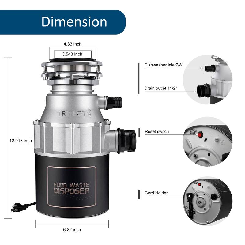 3/4 HP Food Waste Disposal with Sound Reduction, Power Cord Included - N/A