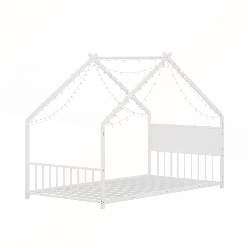 Twin Size House Bed with Roof and Colorful Lights