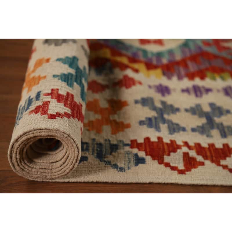 All-Over Geometric Kilim Oriental Area Rug Hand-Woven Wool Carpet - 9'2"x 11'3"