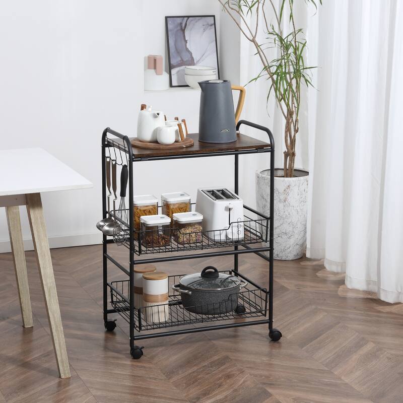 3 Tier Rolling Kitchen cart with Storage, Kitchen Island cart on Wheels with 2 Sliding Fruit Basket, Microwave cart