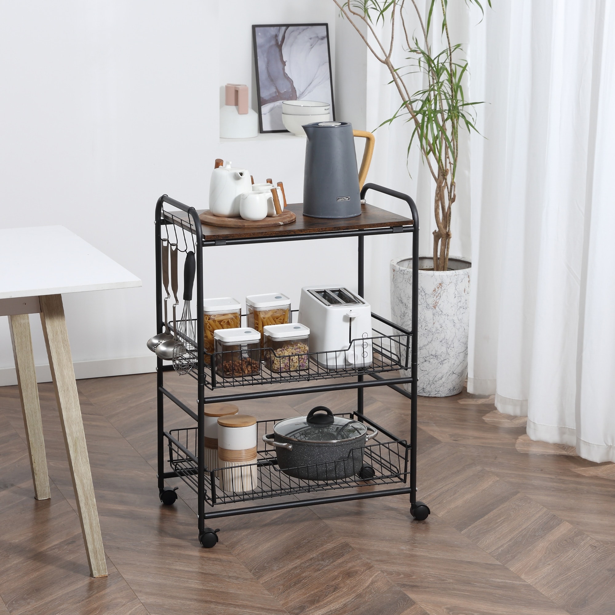 HOMCOM 24" 3-Tier Rolling Kitchen Cart, Utility Storage Trolley with 2 Basket Drawers, Side Hooks for Dining Room