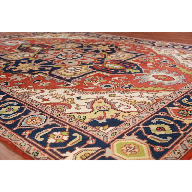 Geometric Orange Heriz Serapi Oriental Rug Hand-Knotted Wool Carpet - 9'0" x 11'10"