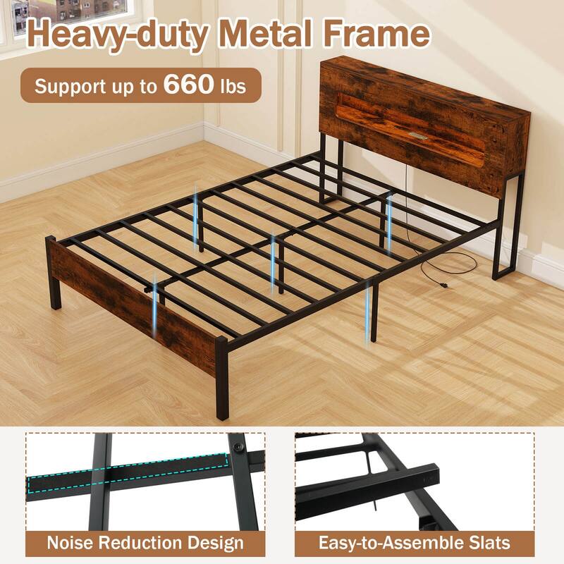 Costway Full Bed Frame with LED Lights Storage Headboard Power Outlets