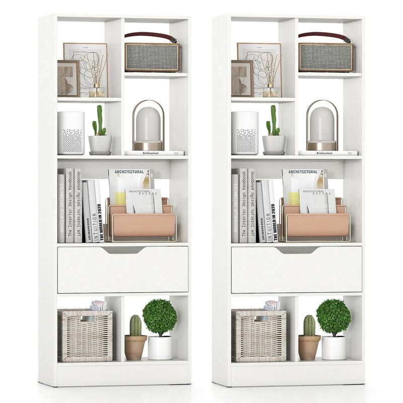 Costway 1 PCS 51” Tall Bookcase with Drawer 7 Open Cubes Anti-toppling - See Details - White-2 PCS
