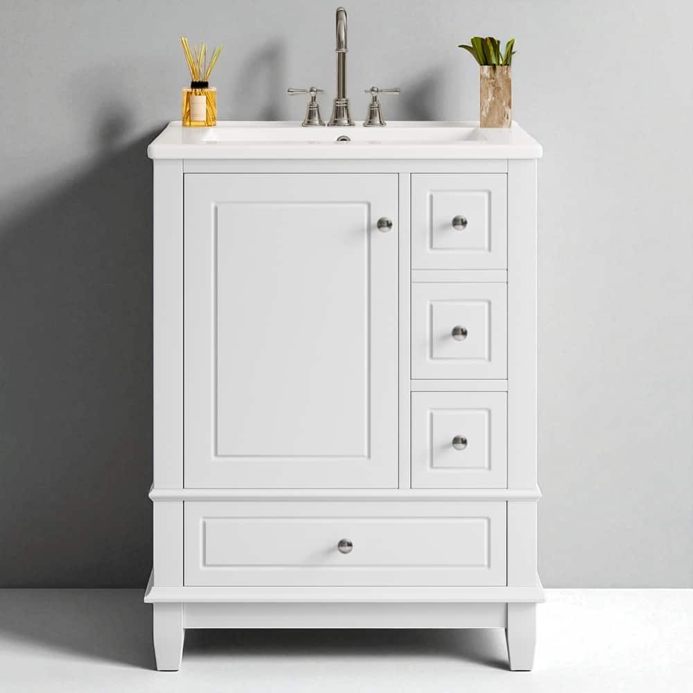 24" Bathroom Vanity with Sink, Freestanding Cabinet with Drawers and Shelves, Ceramic Top, MDF and Solid Wood