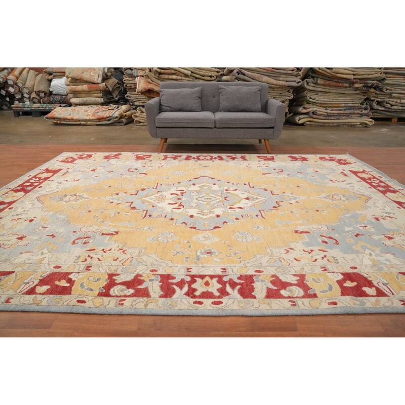 Hand Knotted Oriental 100% Wool Carpet Traditional Medallion Yellow & Gold Chobi-Peshawar Area Rug - 11' 10'' X 9' 0''