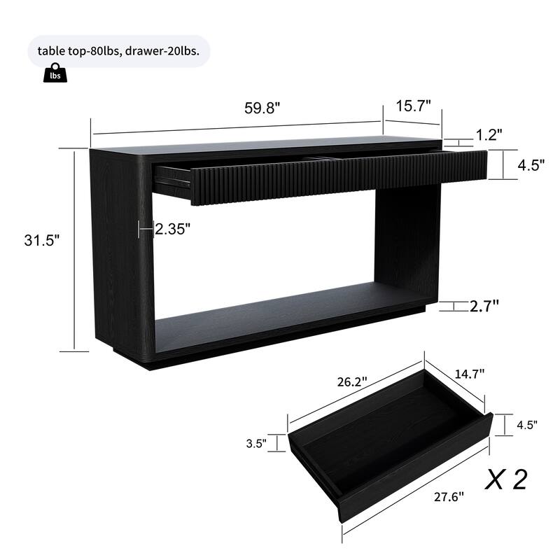 60" Modern Fluted Console Table with 2 Drawers, Natural Wood Veneer Sofa Table for Living Room Hallway Entryway