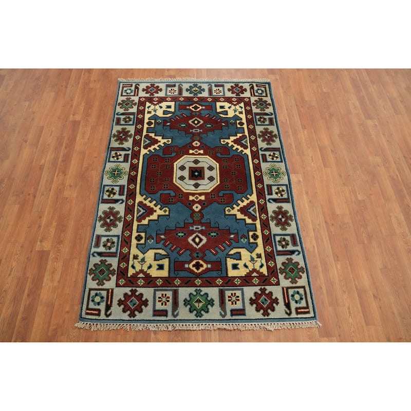 Hand-knotted Traditional Wool Blue Geometric Oriental Area Rug - 5' 11'' X 4' 0''