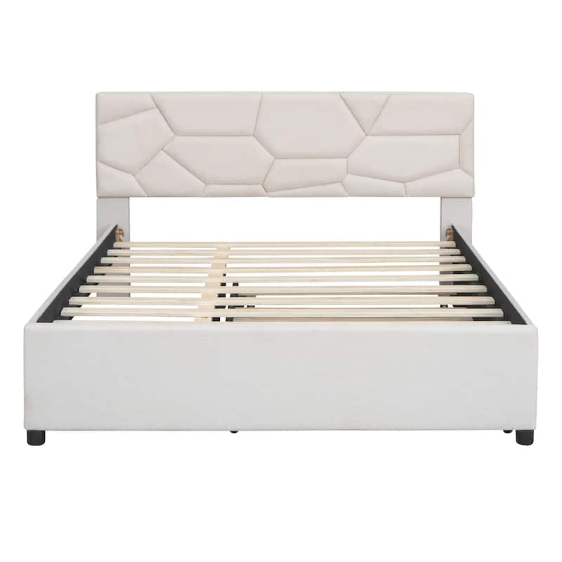 Linen Platform Bed with Trundle and Brick Headboard