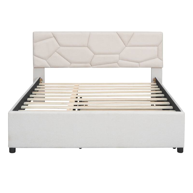 Linen Upholstered Platform Bed Frame with Trundle and Brick Pattern Headboard