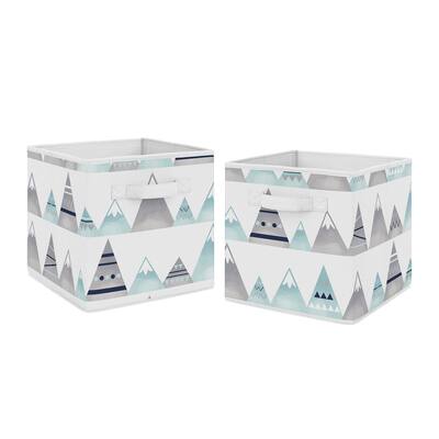 Watercolor Mountains Collection Foldable Fabric Storage Bins - Navy Blue, Aqua and Grey Aztec