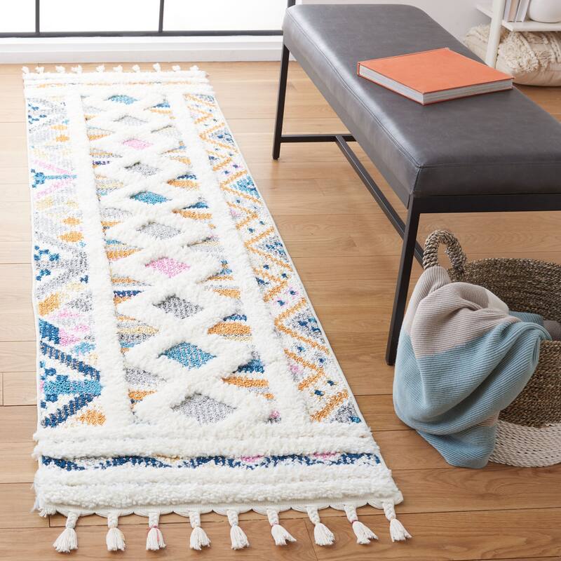 SAFAVIEH Moroccan Fringe Shag Marge Rug - 2'2" x 8' Runner - Ivory/Orange