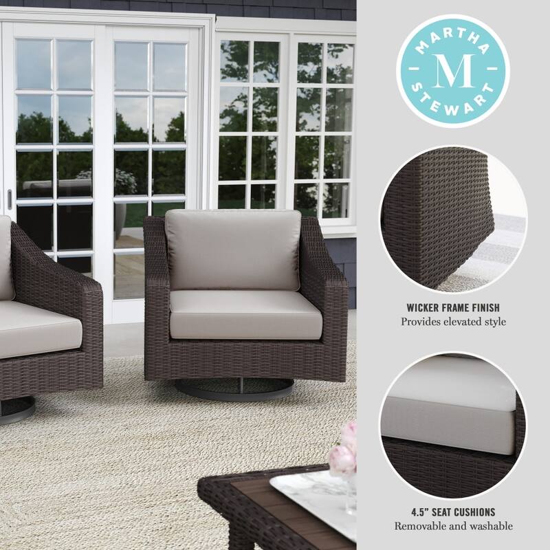 Martha Stewart 2PK Outdoor Rattan Wicker Swivel Chairs with All-Weather Cushions - 32"W x 34"D x 30"H