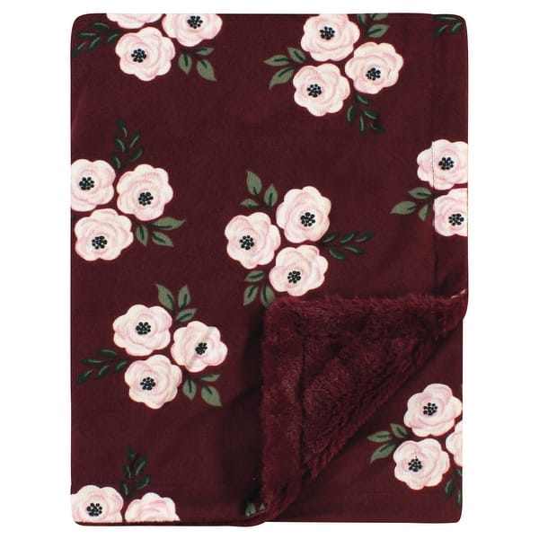 slide 1 of 1, Hudson Baby Infant Girl Plush Blanket with Furry Binding and Back, Burgundy Floral, One Size - Burgundy Floral - One Size One Size - Burgundy Floral