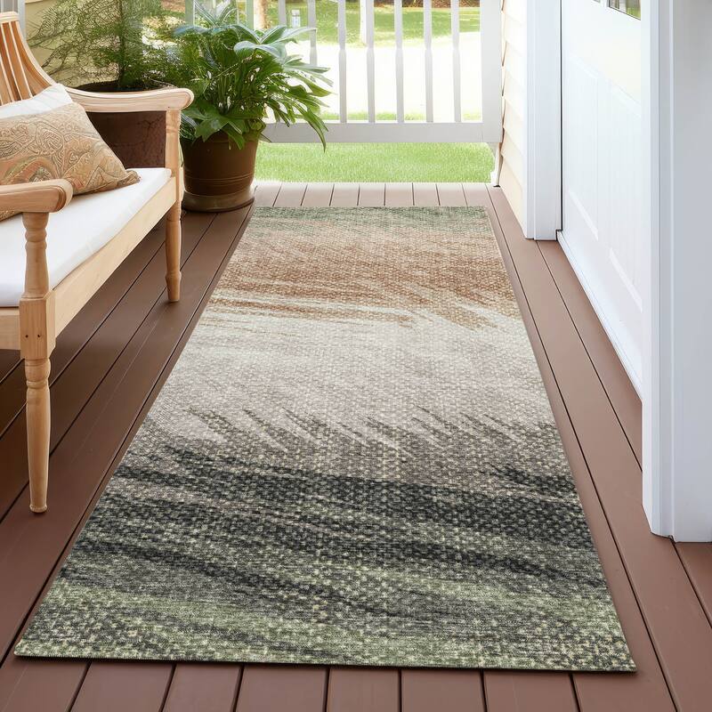 Machine Washable Indoor/ OutdoorAbstract Brushstrokes Chantille Rug - Fern - 2'3" x 7'6"