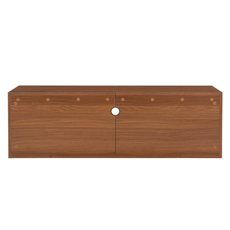 TV Stand with Slatted Doors, Cat-Friendly Private Compartments, Wood Media Console with Adjustable Length