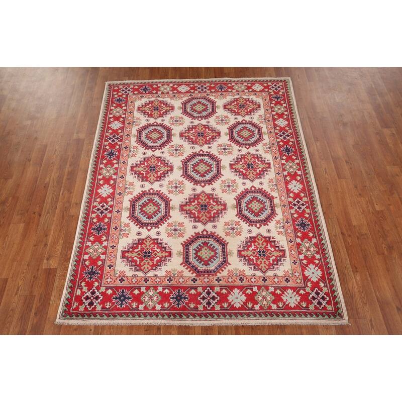 Beige / Ivory Kazak Oriental Area Rug Hand-Knotted Wool Carpet - 4'11" x 6'6"
