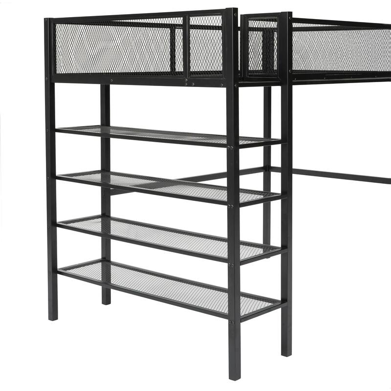 Twin/Full Size High Loft Bed with Shelves,Modern Metal Loft Bed Frame