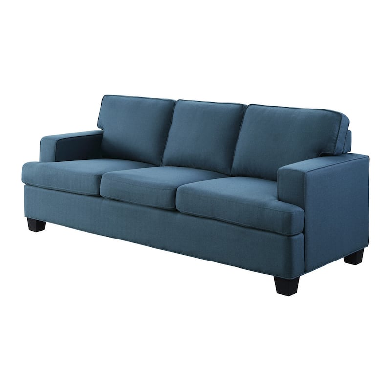 Eoin 84 Inch Sofa, Blue Polyester, Soft Foam Cushioning, Solid Wood Frame