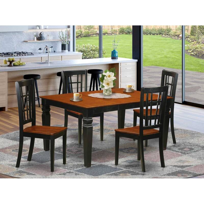 HomeStock 5-Piece Black and Cherry Finish Solid Wood Top Dining table with 4 Chairs with Lattice Back