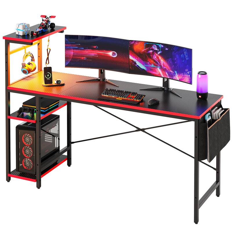 61" Gaming Desk Computer Desk with LED Lights Storage Shelves and Side Bag Home Office Desk