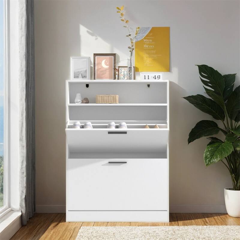 Shoe Storage Cabinet w/2 Flip Drawers,Sturdy Wood Hidden Shoe Storage