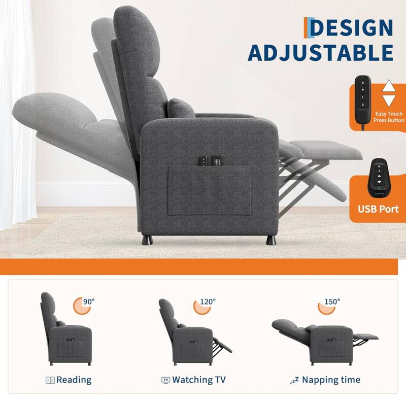 Adjustable Electric Linen Power Recliner Chair, Single Sofa with 2 Side Pockets and USB Port