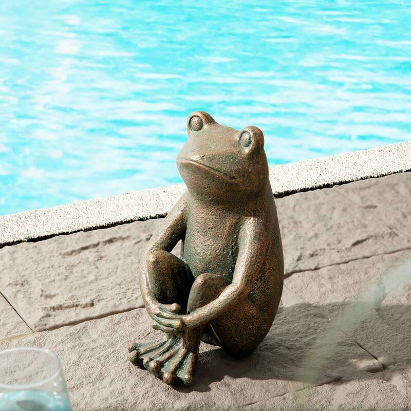 Glitzhome 12''H Resin Bronze Squatting Sitting Frog Statue - Squatting Frog