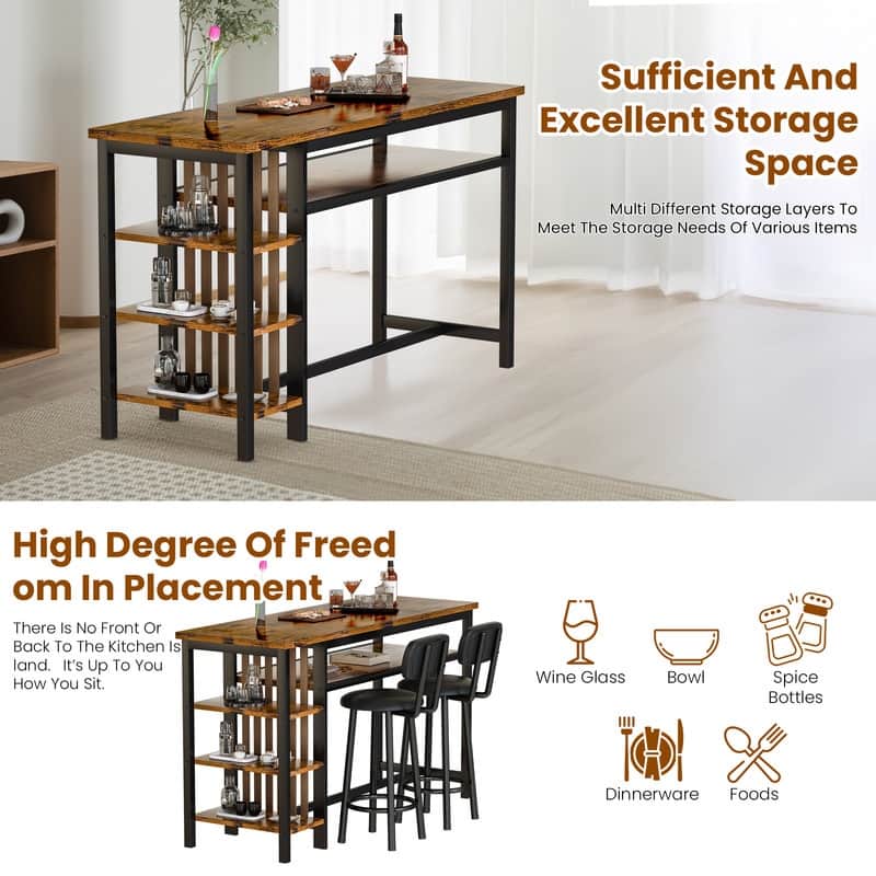 3-Piece Dining Room Table Set with 2 Upholstered Bar Stools, Modern Farmhouse Bar Table Set for 2 with Multiple Tier Shelves