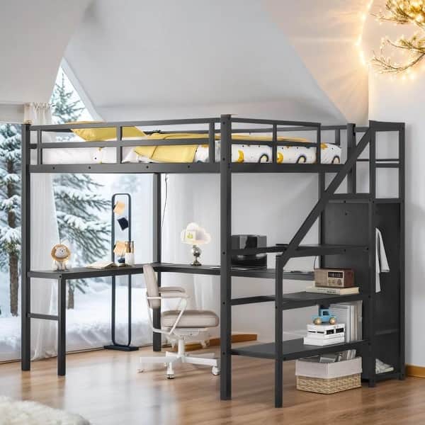 slide 2 of 17, Artsy Full Size Metal Loft Bed with L-shaped Desk and USB, Wardrobe and Adjustable Shelf, with LED for Kids Teens Adults, Black Black