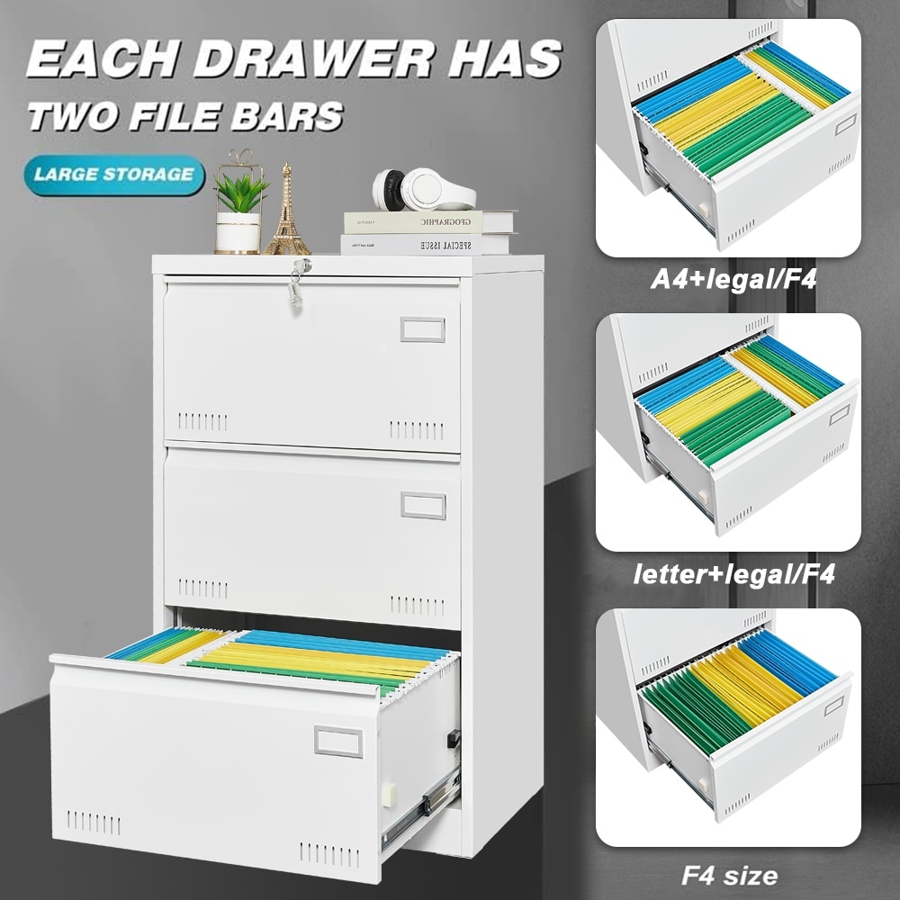 Modern File Cabinet Lateral File Cabinet Metal File Cabinet with 3 Drawers and Lock for Home Office, White