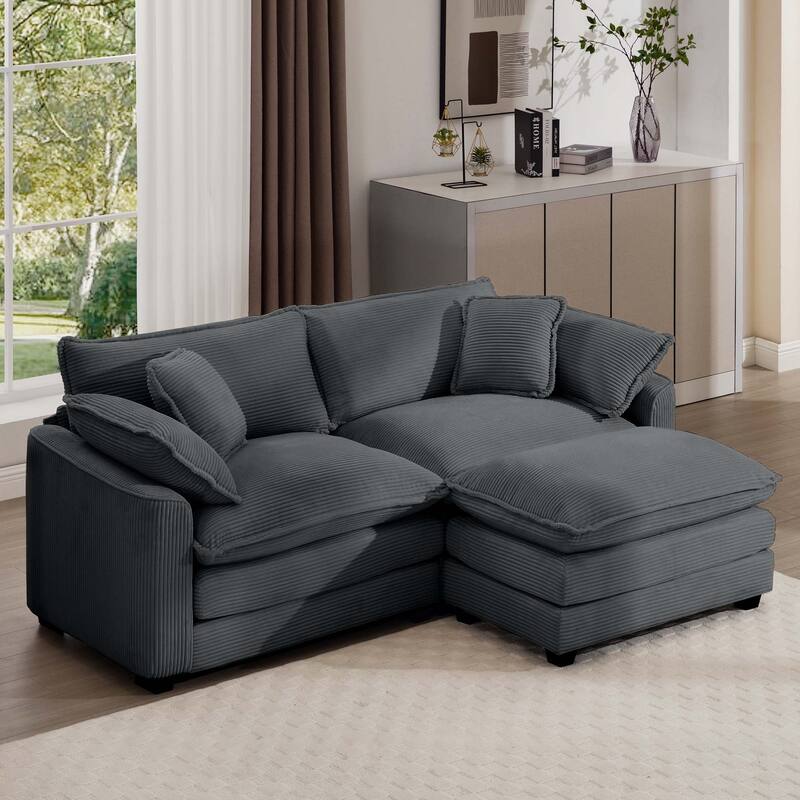 Grey Corduroy Cloud L-Shaped Sectional Sofa with Removable Ottoman and 4 Pillows - Grey