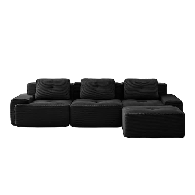 L-Shaped Modular Sectional Sofa with Movable Ottoman, Corduroy Boneless Cloud Couch, Tufted Deep Seat Sofa with 3 Pillow