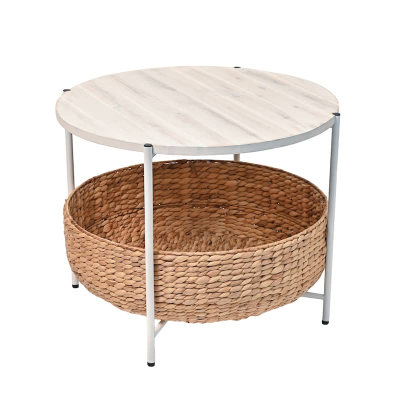happimess 24.21" Round Acacia Coffee Table with Storage Basket - White