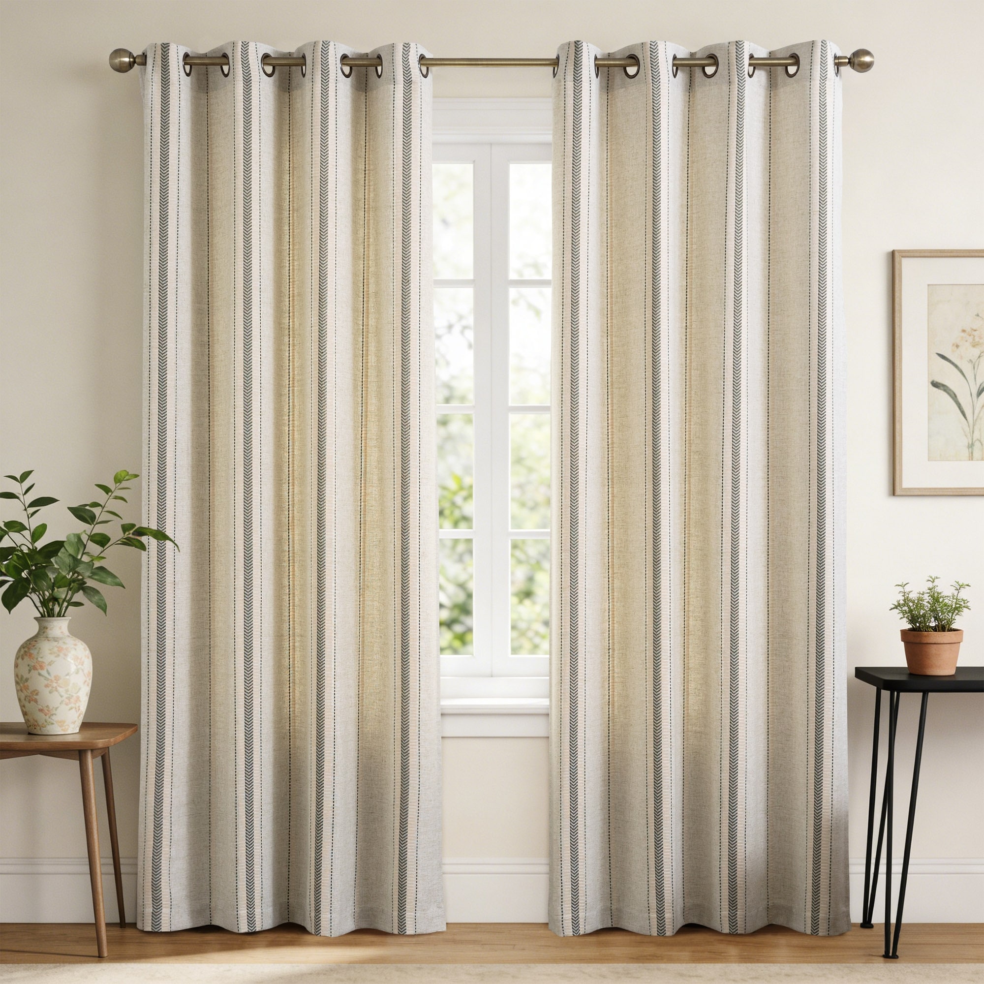 Linen Blend Grommet Herringbone Stripe Room Darkening Pair
