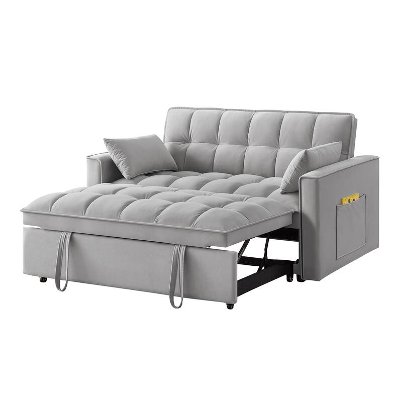 Gray 52.5" Velvet 4-in-1 Loveseat Tufted Pull-Out Sofa Bed with Adjustable Backrest