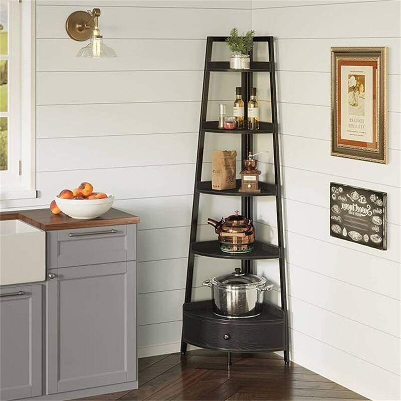 Corner Shelf with Drawer - 17.3"D x 24.4"W x 68.9"H