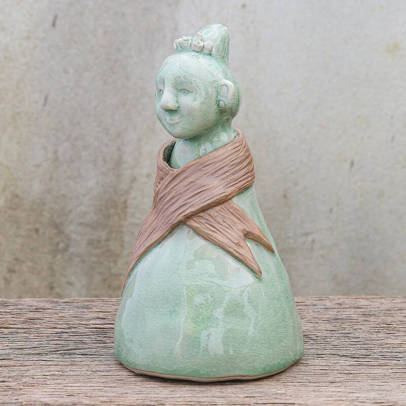 Novica Handmade Hill Tribe Woman Celadon Ceramic Sculpture