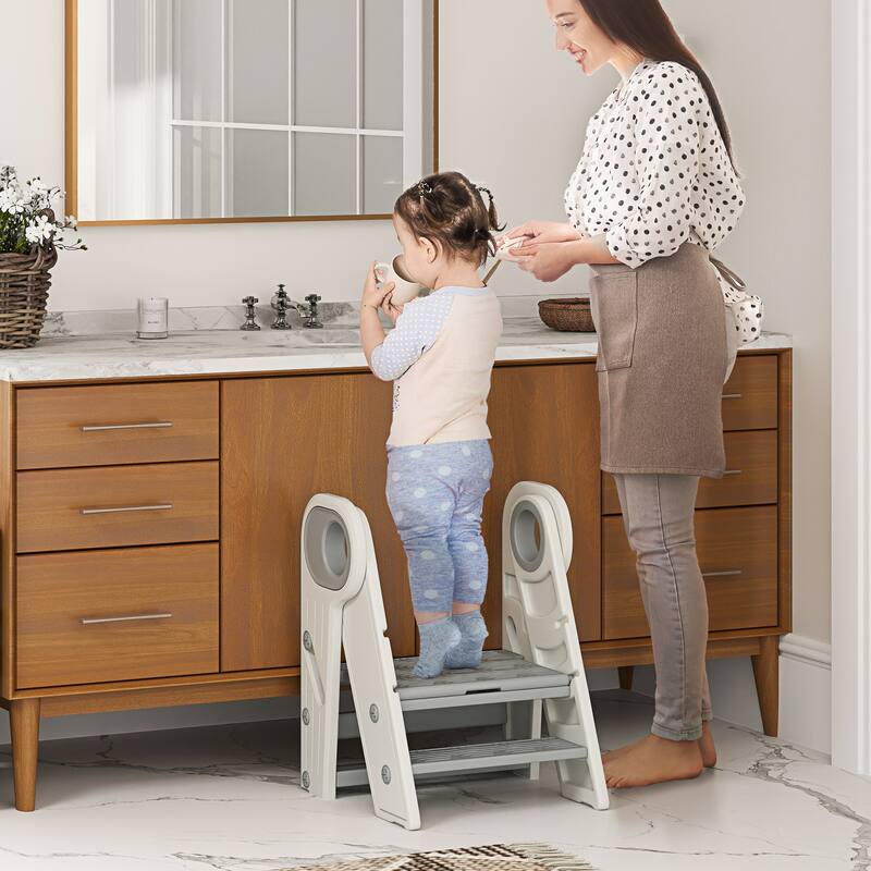 Foldable Kids Step Stool with 2-3 Adjustable Steps for Bathroom Kitchen or Bedroom - 18.3" L x 18.5" W x 24.2" H