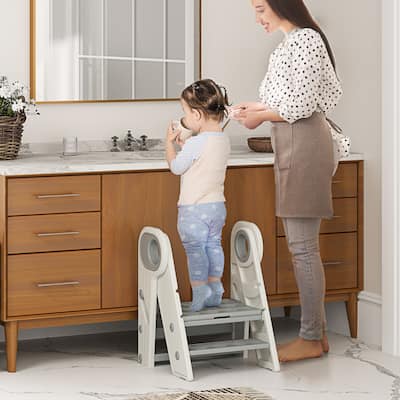 Foldable Kids Step Stool with 2-3 Adjustable Steps for Bathroom Kitchen or Bedroom - 18.3" L x 18.5" W x 24.2" H
