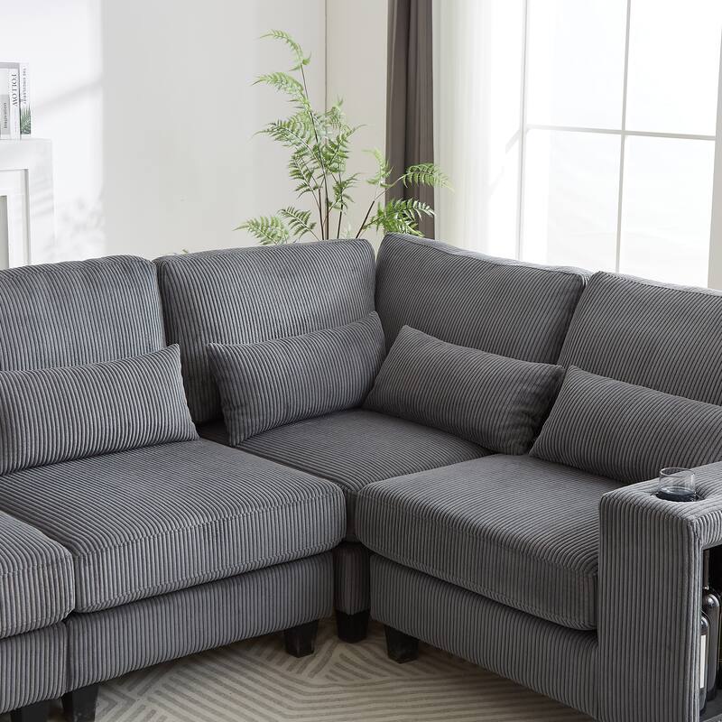 102.75" Corduroy L-Shaped Modular Sectional Sofa with Storage and Cup Holder