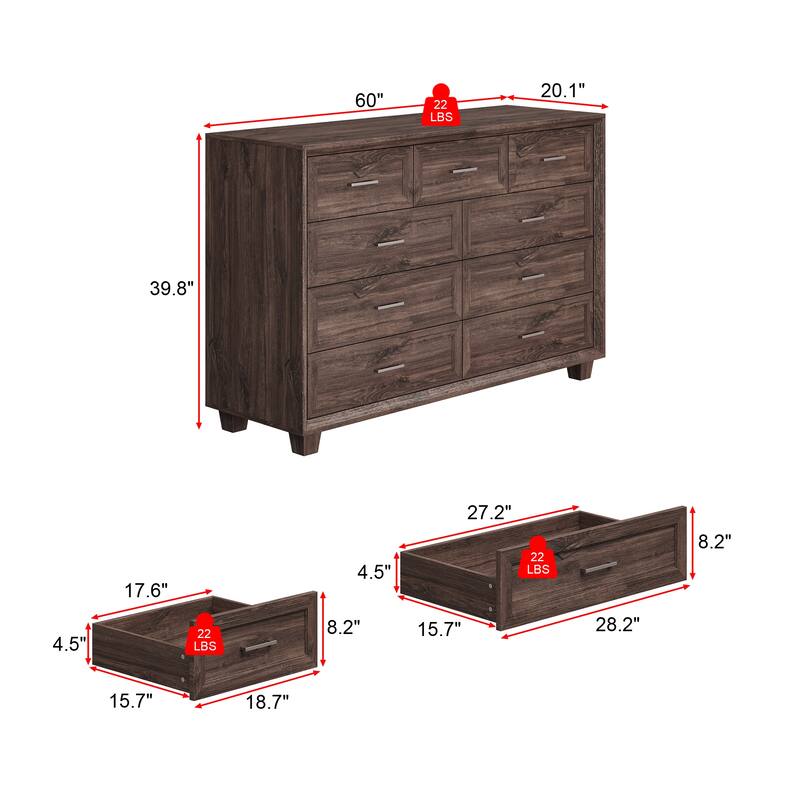 Modern 9-Drawer Dresser with Solid Wood Legs, Vintage Brown and White Wood Grain Options, Bedroom Storage Chest