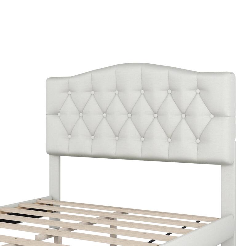 Beige Upholstered Low Profile Platform Bed Frame Saddle Curved Headboard Wingback Bed with Diamond Tufted Details Panel Bed