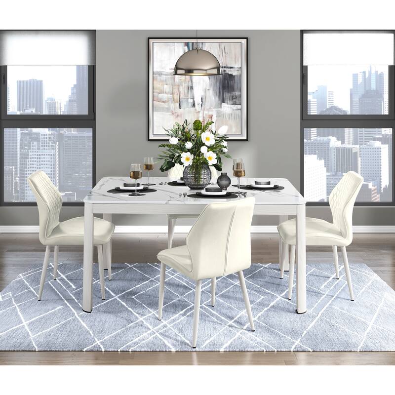 Beige Velvet Upholstered Dining Chair with White Metal Legs Set of 2
