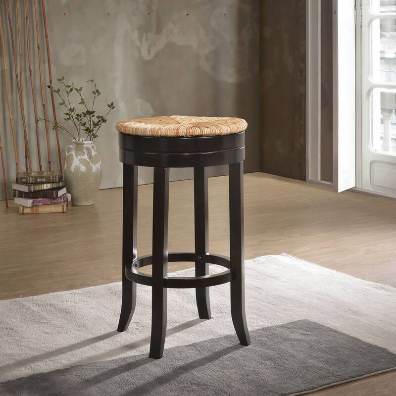 24" Brown and Beige Bar Stool with Swivel Rush Seat